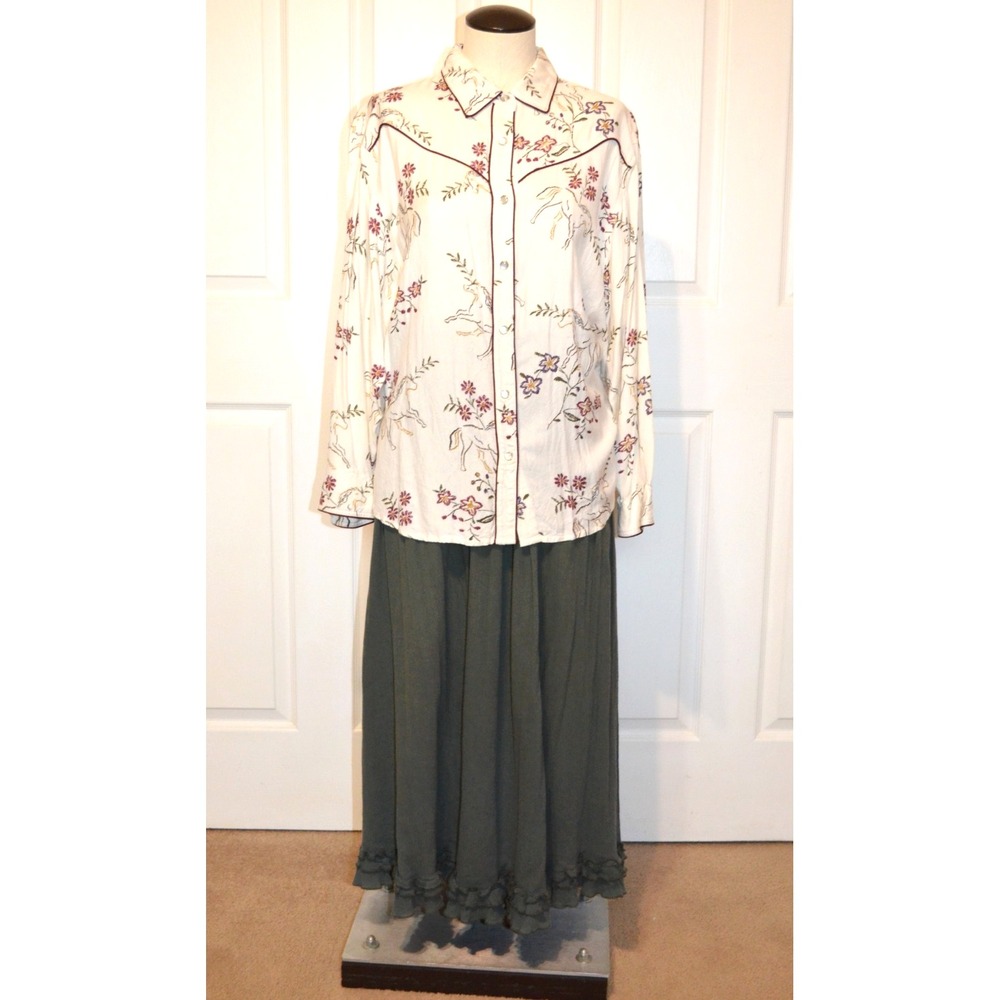 Vtg‎ Adobe Rose Western Outfit Shirt Horse Print & Blair Green Skirt Womens XL